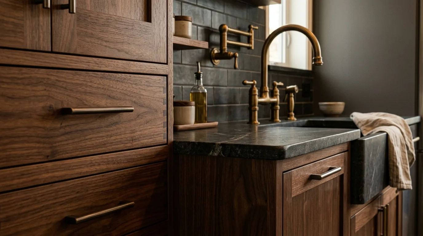 Bring in soft lighting to deepen the tone inspiration for a walnut kitchen.